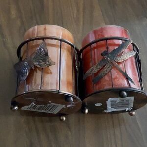 Vintage Butterfly Metal Cutout Bronze Candle Holder Orange Pillar Candle 1
